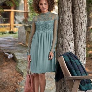 Sundance Dusty Blue-Green Victorian Romance Lace & Crochet Long Sleeve Dress